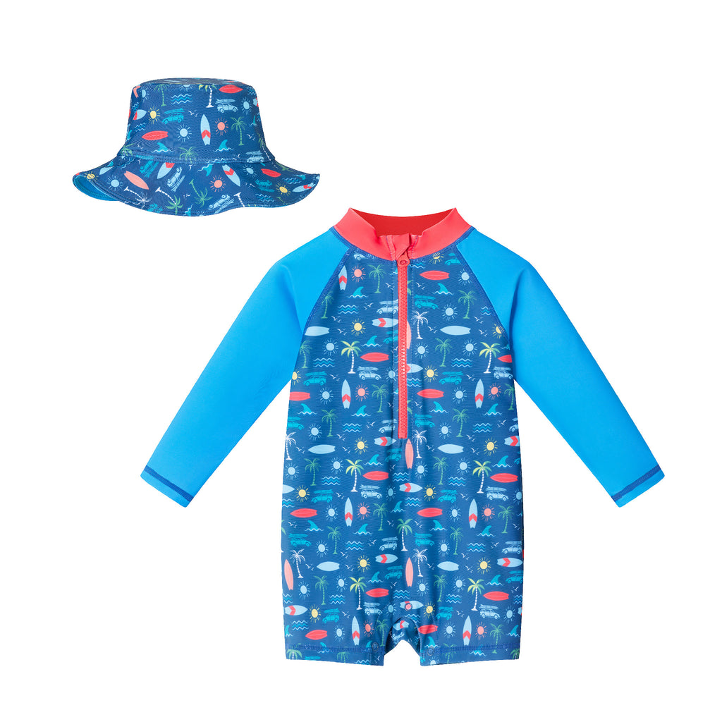 Infant (3-18M) Swim Romper W/ Hat Set | Navy Tropical Print - Andy & Evan