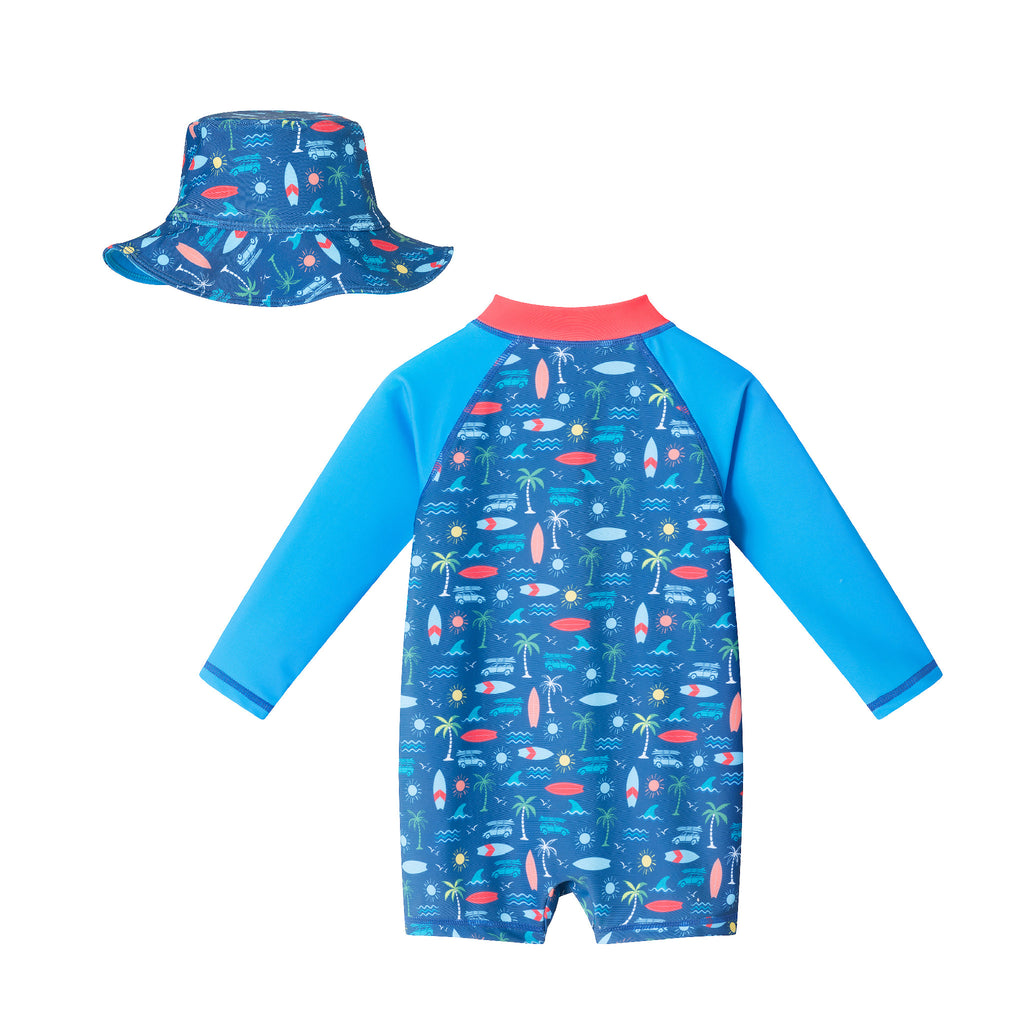 Infant (3-18M) Swim Romper W/ Hat Set | Navy Tropical Print - Andy & Evan