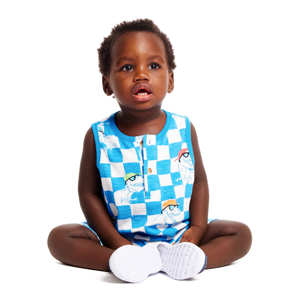 Infant Knit Tank Romper w/Matching Bib | Blue Check Dino Print - Andy & Evan