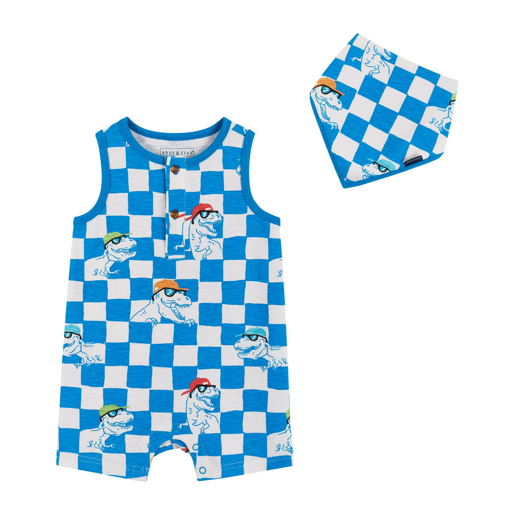 Infant Knit Tank Romper w/Matching Bib | Blue Check Dino Print - Andy & Evan