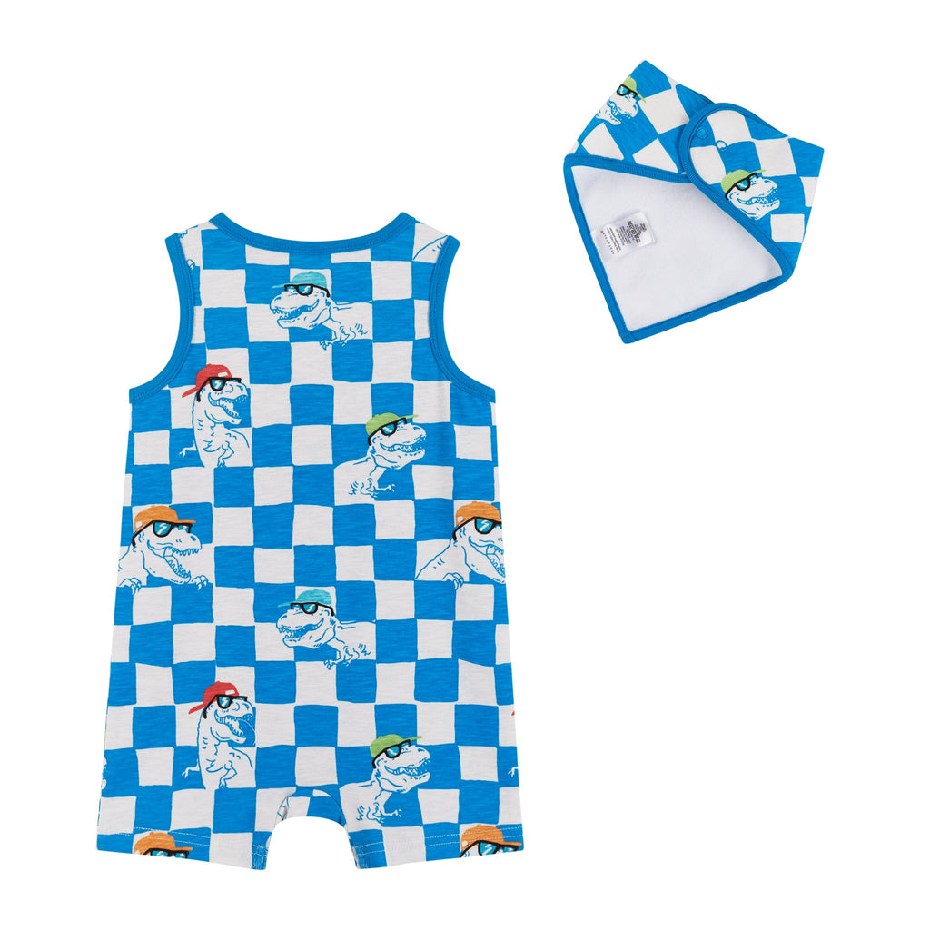 Infant Knit Tank Romper w/Matching Bib | Blue Check Dino Print - Andy & Evan