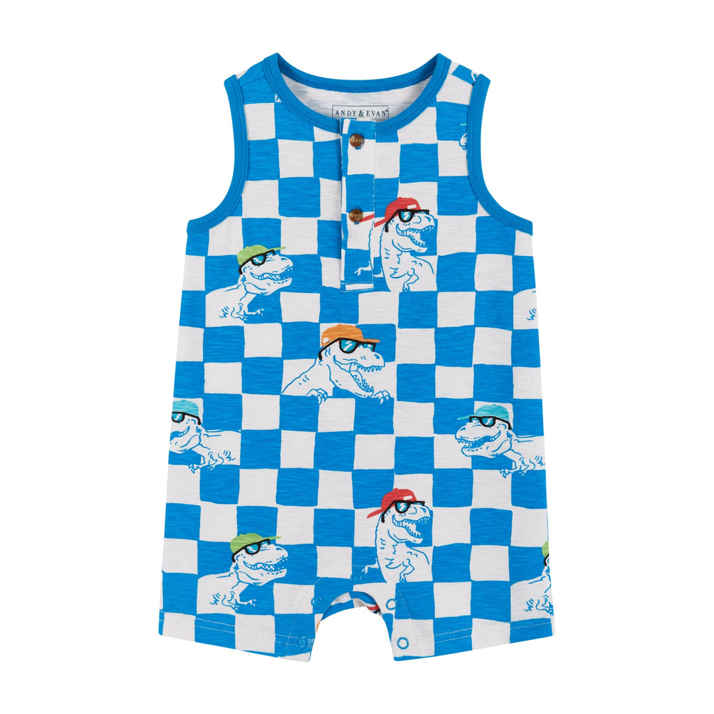 Infant Knit Tank Romper w/Matching Bib | Blue Check Dino Print - Andy & Evan