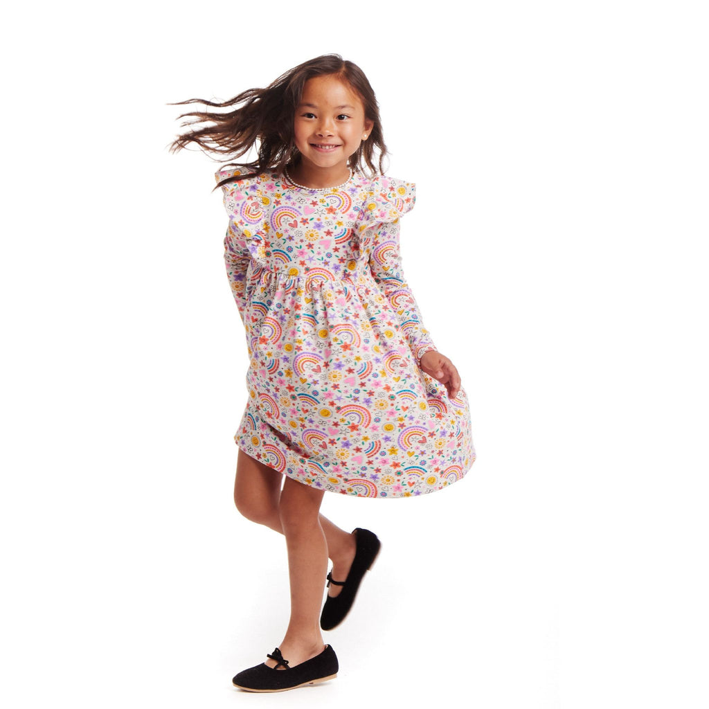 Kids Oatmeal Heather Printed Jersey Dress | Rainbow Flowers - Andy & Evan