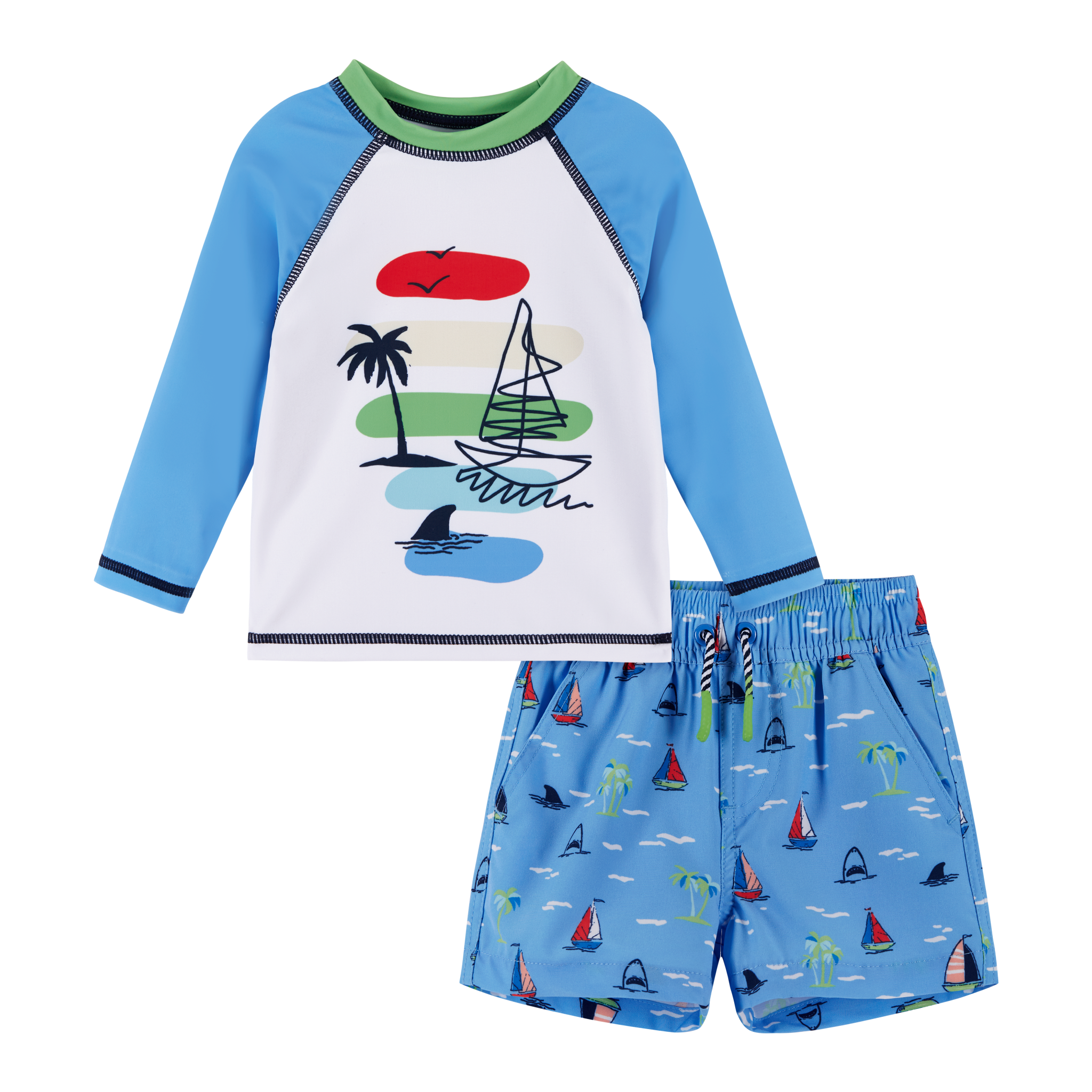 Infant UPF 50+ Sailboat & Shark Print Rashguard Swim Set